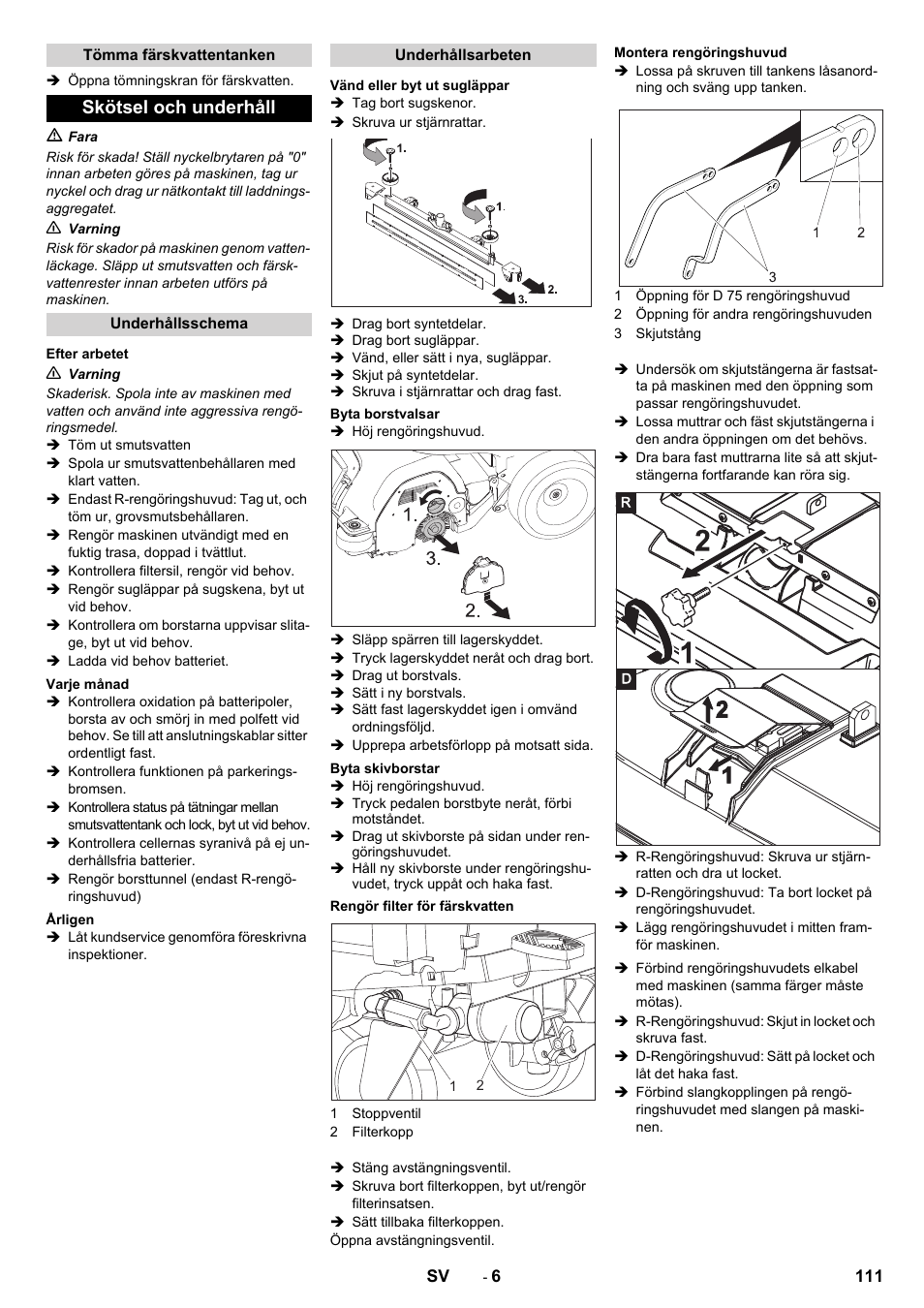 Skötsel och underhåll | Karcher B 80 W Bp Pack User Manual | Page 111 / 260