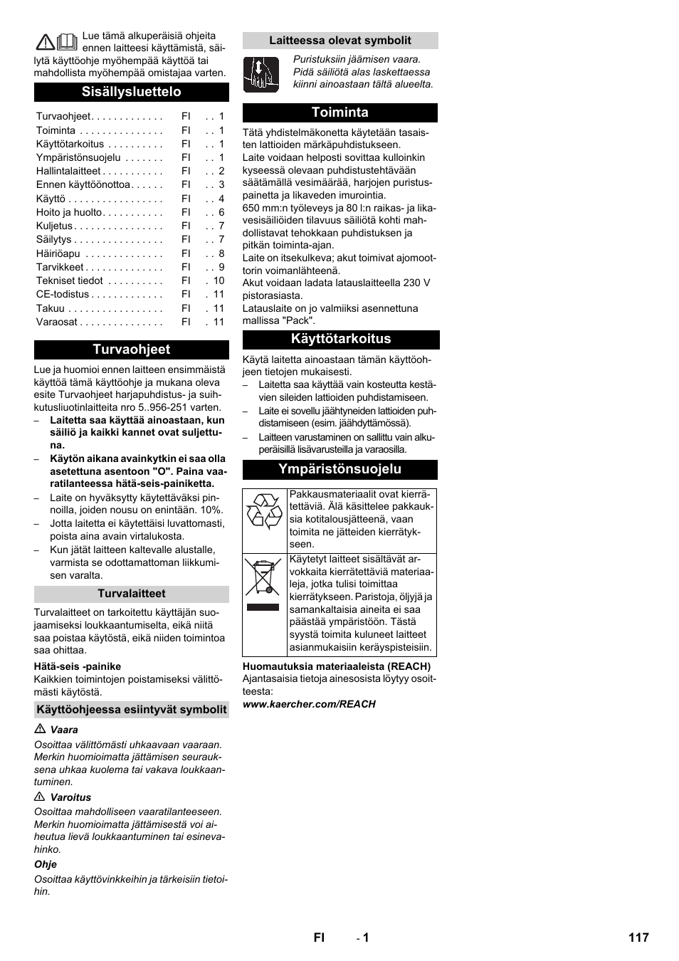 Suomi, Sisällysluettelo, Turvaohjeet | Toiminta käyttötarkoitus ympäristönsuojelu | Karcher B 80 W Bp Pack User Manual | Page 117 / 260