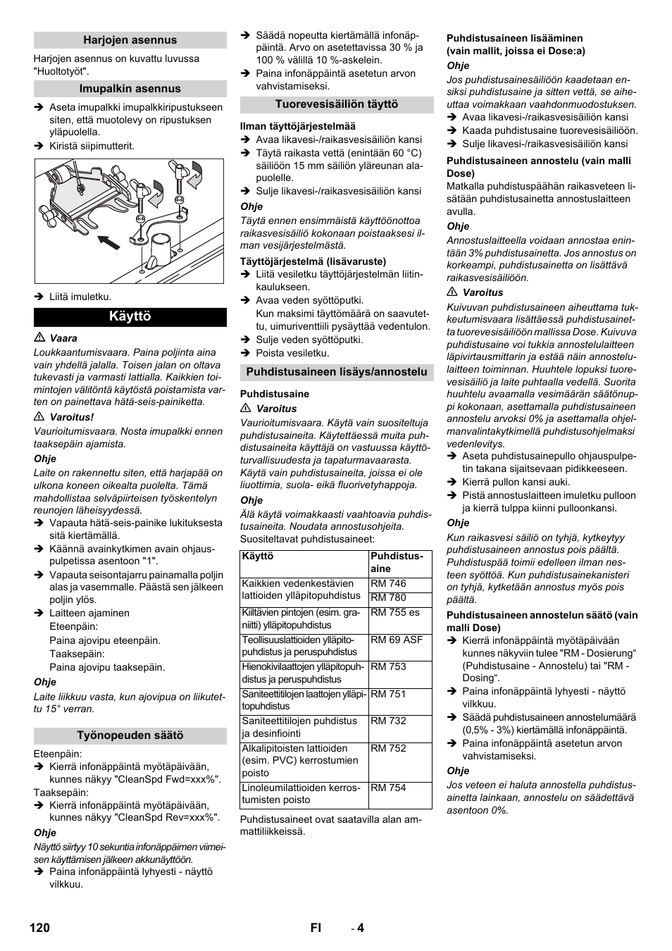Käyttö | Karcher B 80 W Bp Pack User Manual | Page 120 / 260