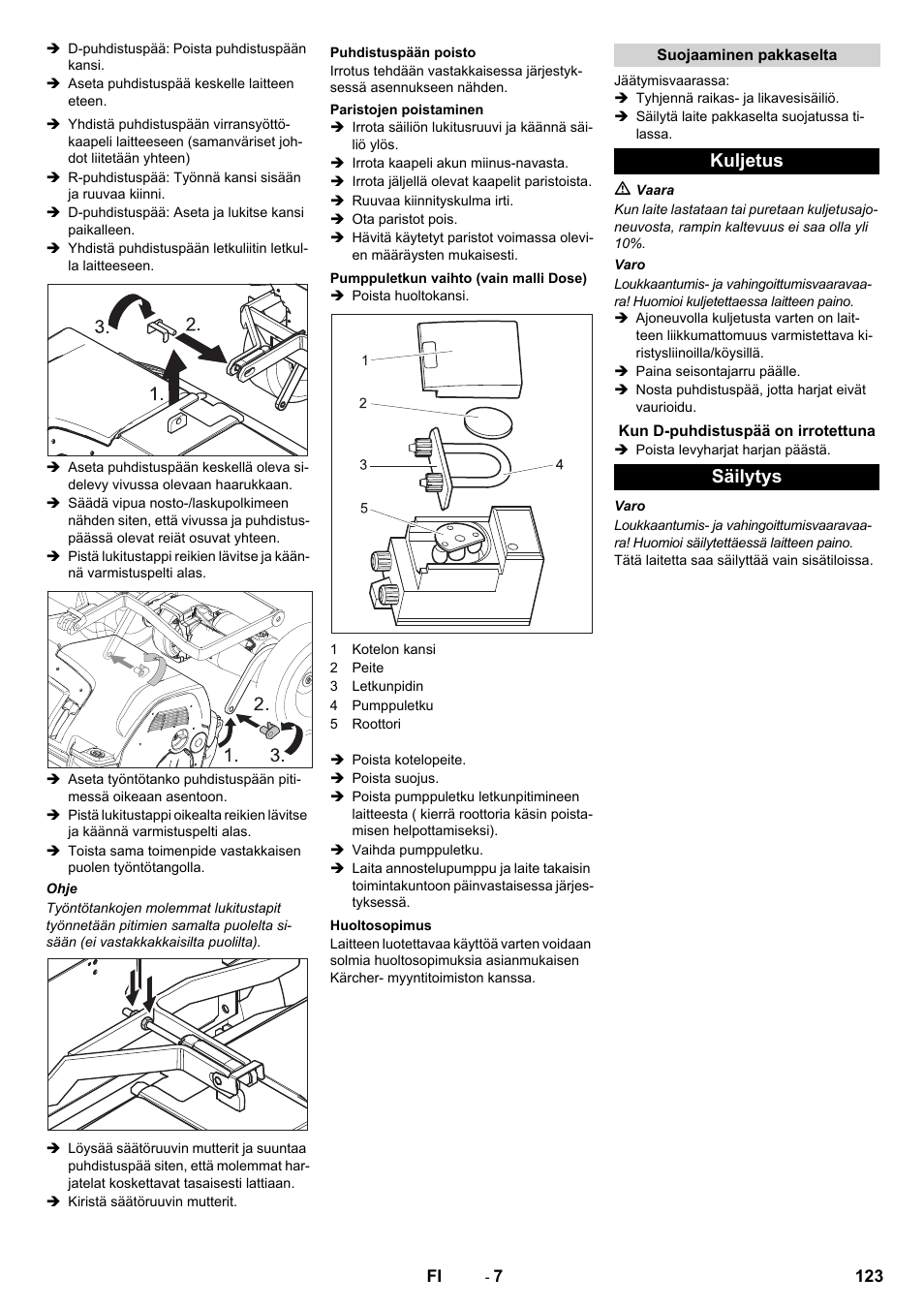 Kuljetus, Säilytys | Karcher B 80 W Bp Pack User Manual | Page 123 / 260