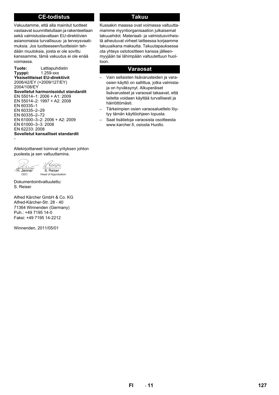 Ce-todistus, Takuu varaosat | Karcher B 80 W Bp Pack User Manual | Page 127 / 260