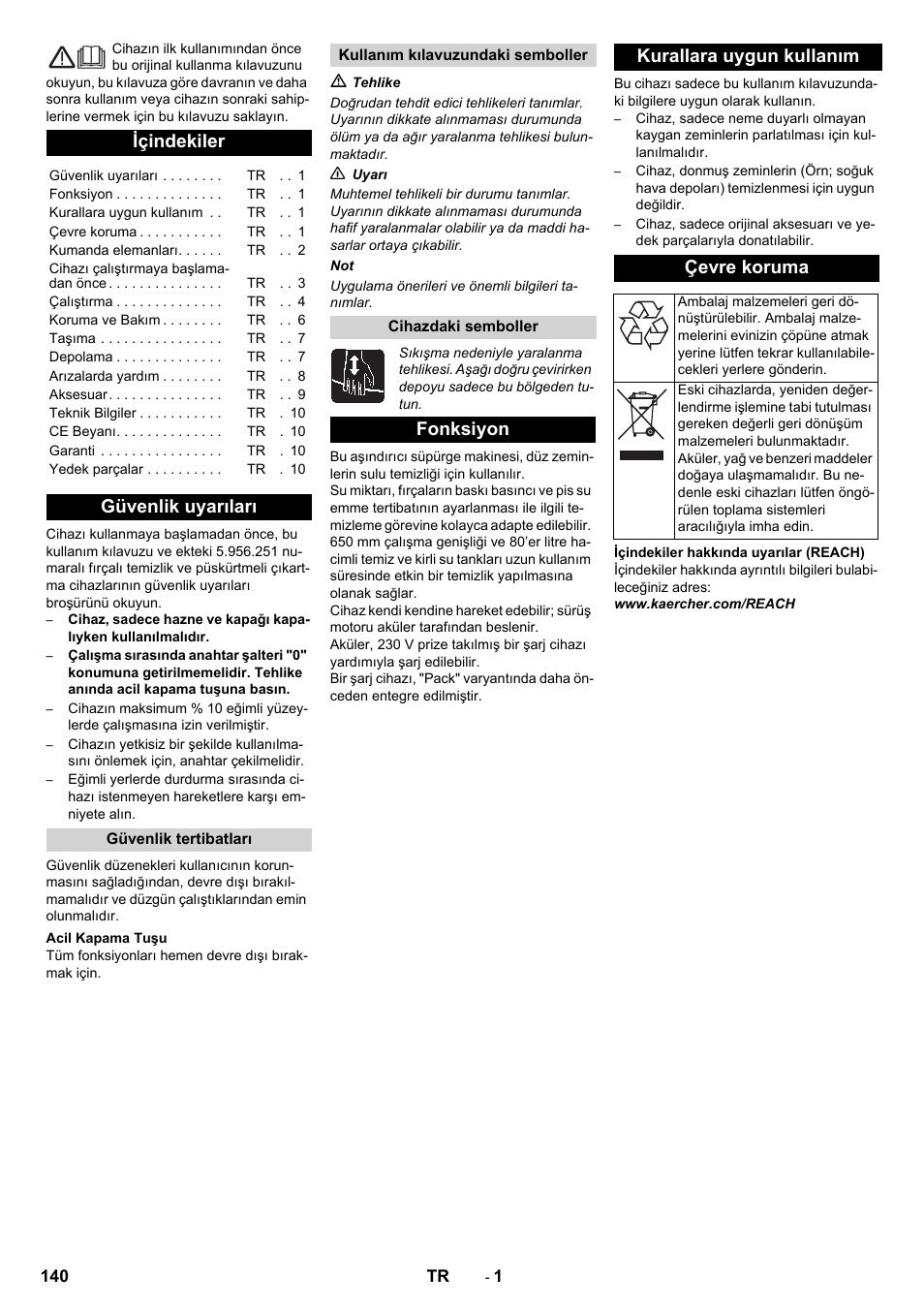 Türkçe, Içindekiler, Güvenlik uyarıları | Fonksiyon kurallara uygun kullanım çevre koruma | Karcher B 80 W Bp Pack User Manual | Page 140 / 260