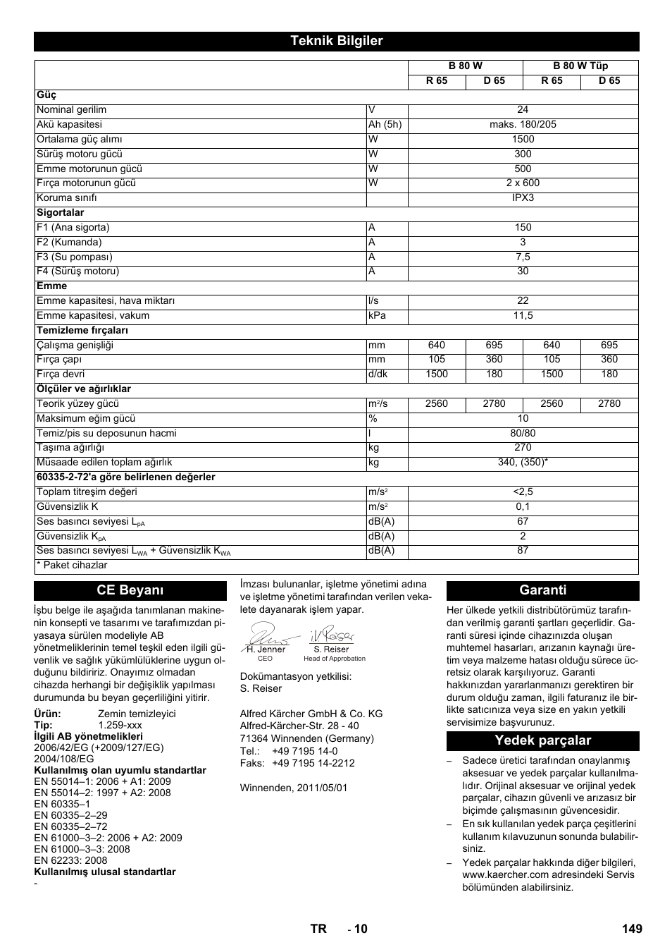 Teknik bilgiler, Ce beyanı, Garanti yedek parçalar | Karcher B 80 W Bp Pack User Manual | Page 149 / 260