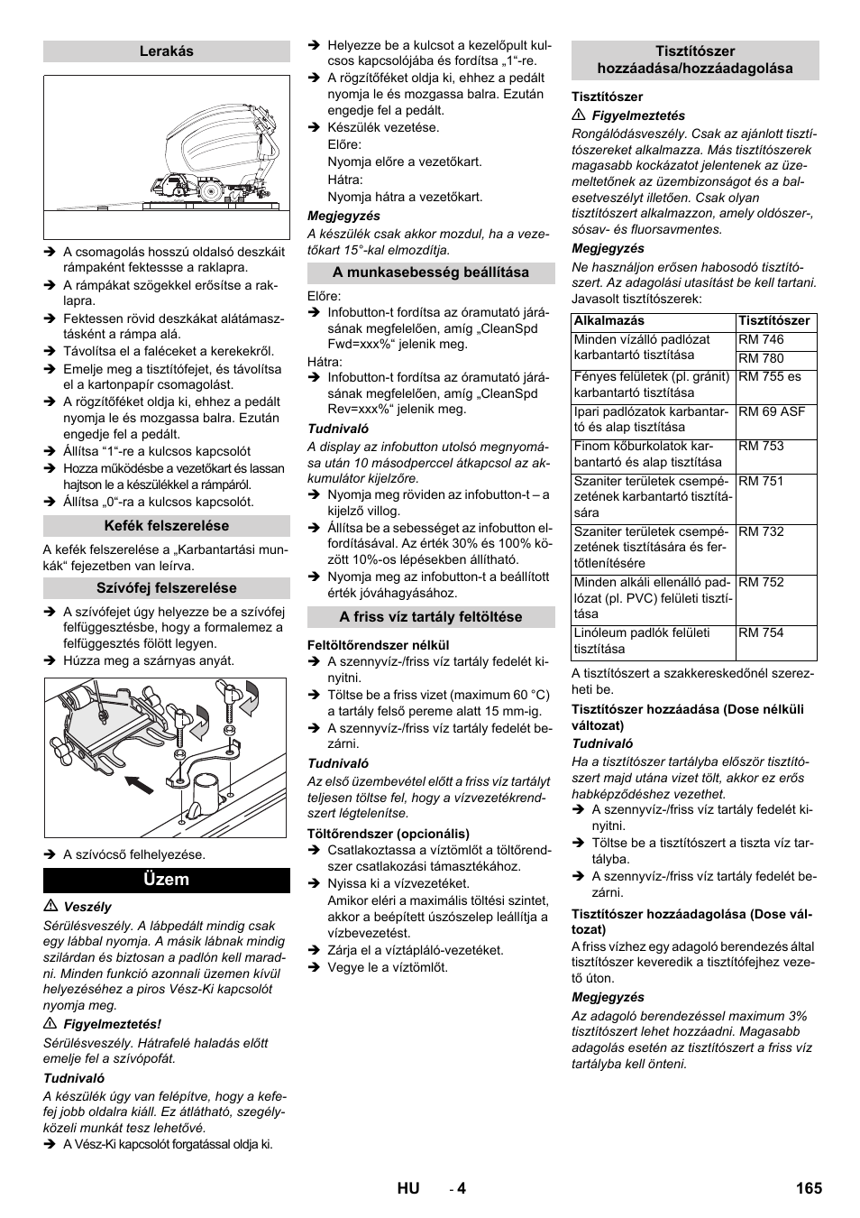 Üzem | Karcher B 80 W Bp Pack User Manual | Page 165 / 260