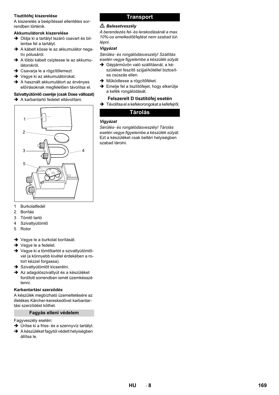 Transport, Tárolás | Karcher B 80 W Bp Pack User Manual | Page 169 / 260