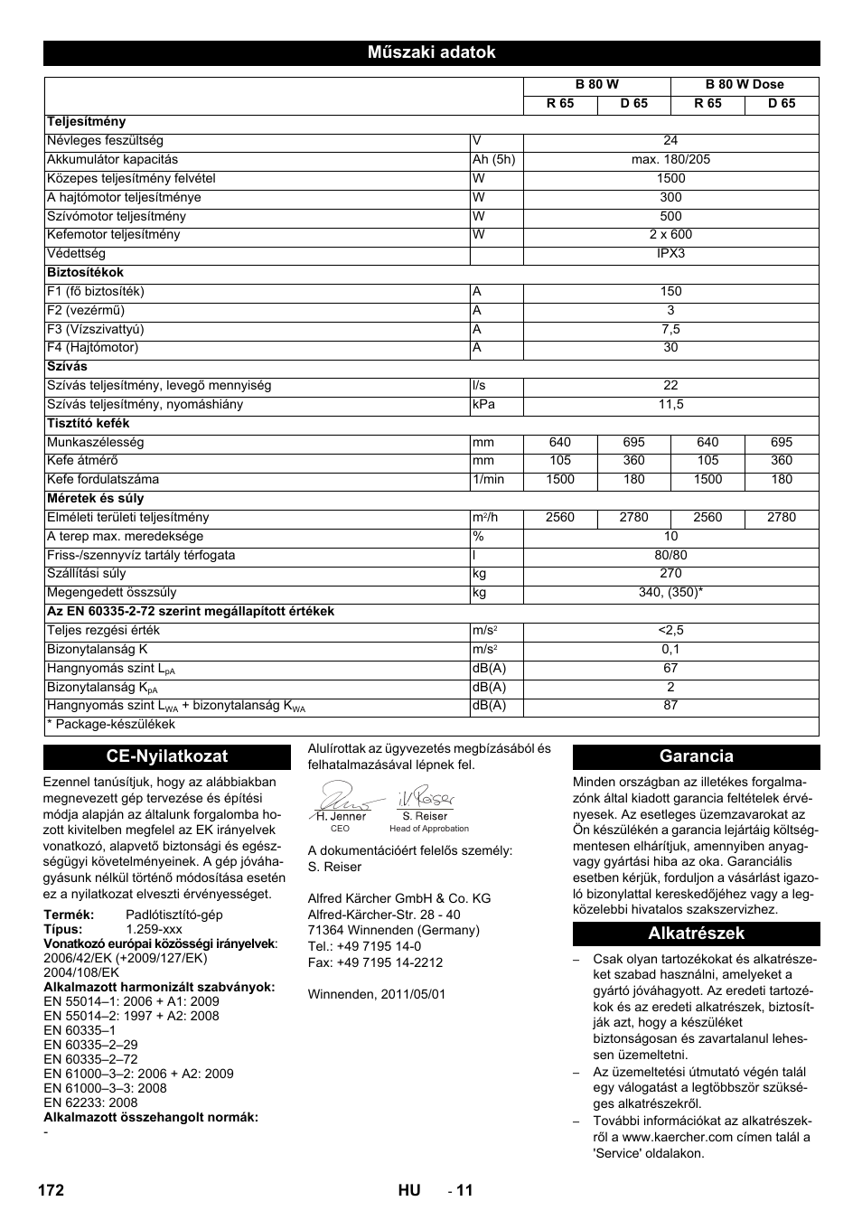 Műszaki adatok, Ce-nyilatkozat, Garancia alkatrészek | Karcher B 80 W Bp Pack User Manual | Page 172 / 260