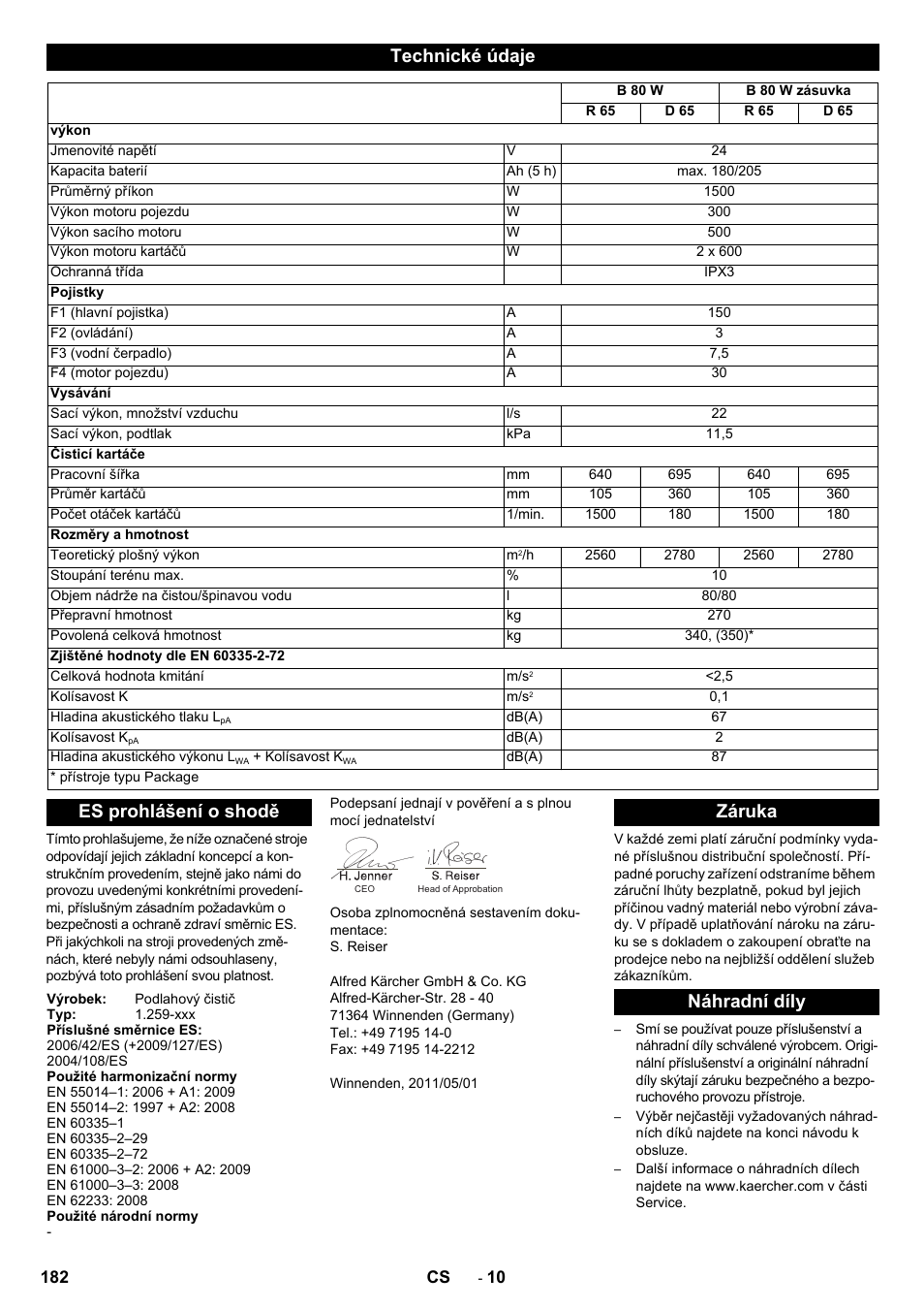 Technické údaje, Es prohlášení o shodě, Záruka náhradní díly | Karcher B 80 W Bp Pack User Manual | Page 182 / 260