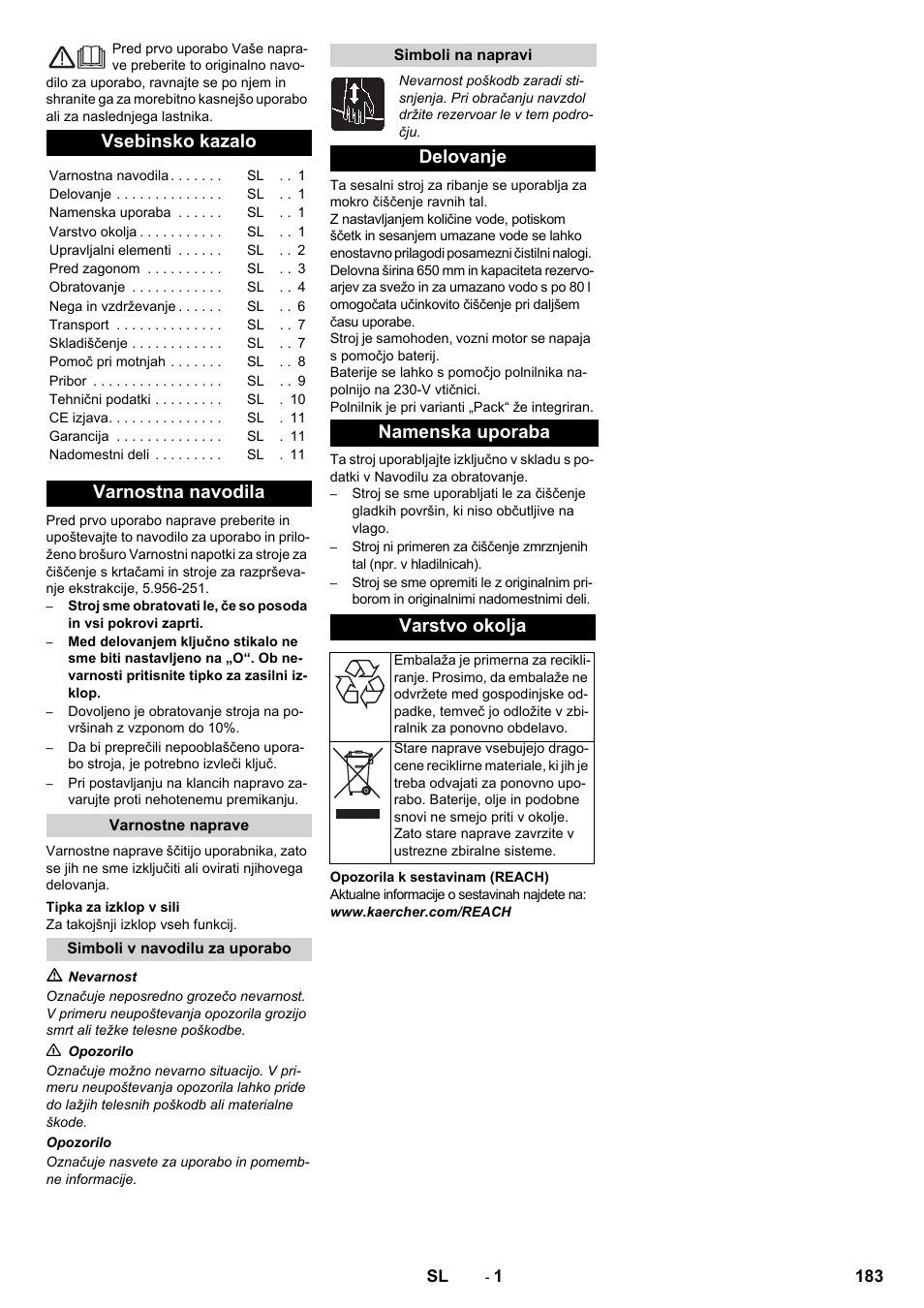 Slovenščina, Slovenšina, Vsebinsko kazalo | Varnostna navodila, Delovanje namenska uporaba varstvo okolja | Karcher B 80 W Bp Pack User Manual | Page 183 / 260