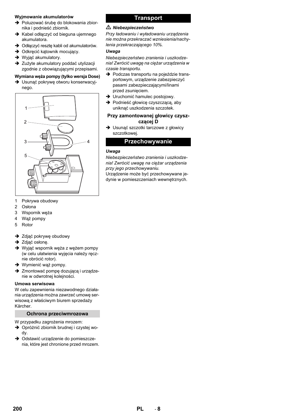 Transport, Przechowywanie | Karcher B 80 W Bp Pack User Manual | Page 200 / 260