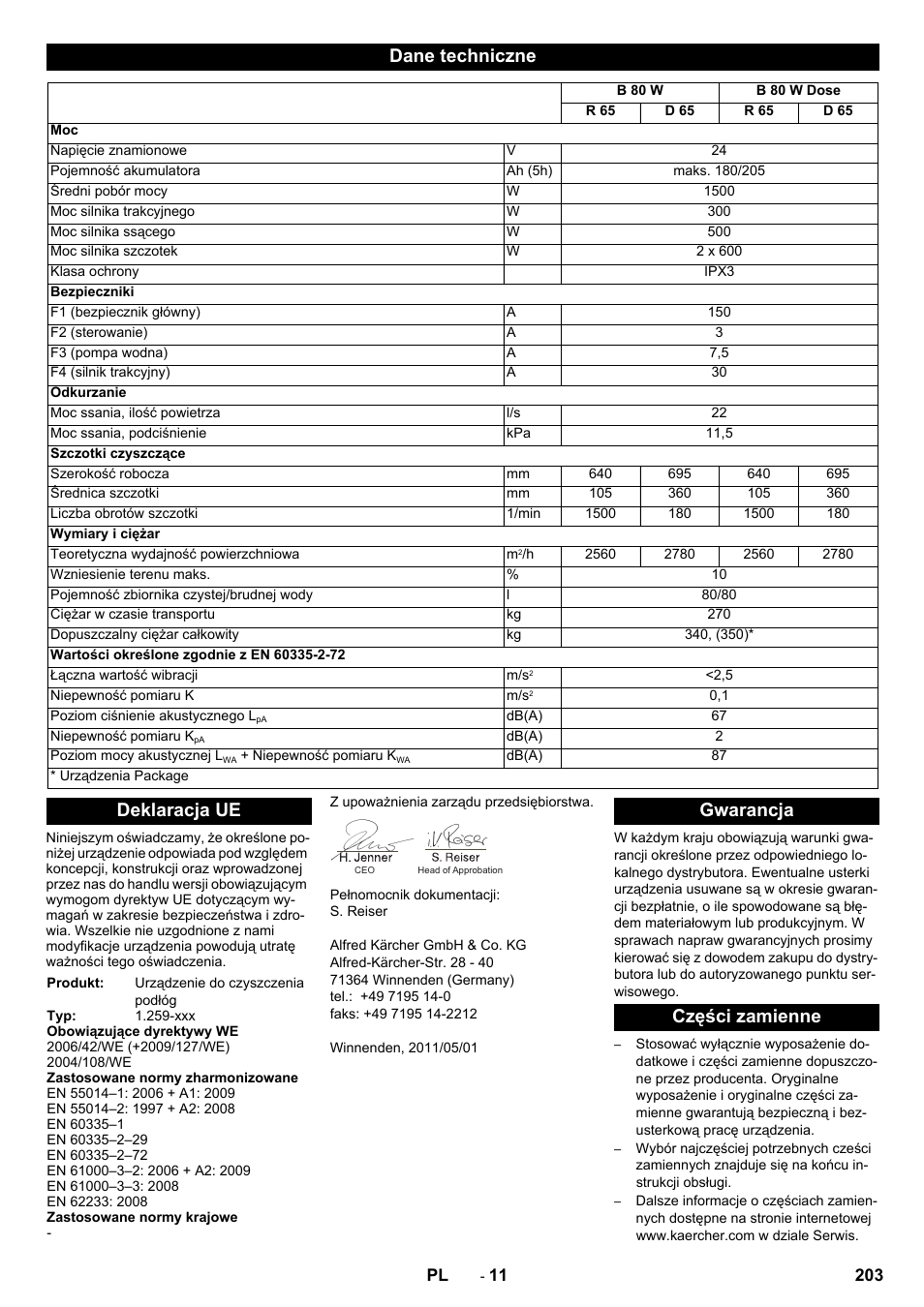 Dane techniczne, Deklaracja ue, Gwarancja części zamienne | Karcher B 80 W Bp Pack User Manual | Page 203 / 260