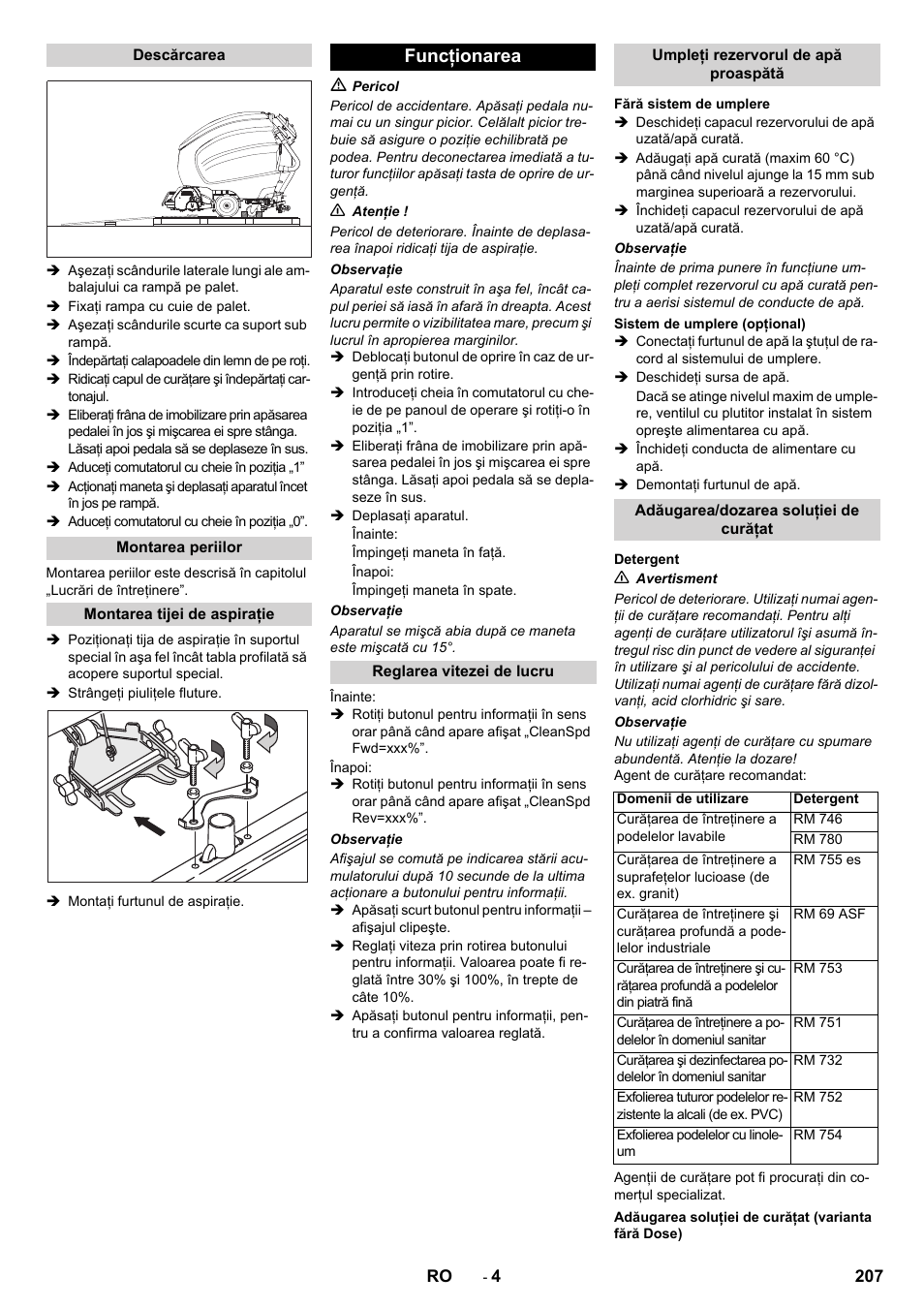 Funcţionarea | Karcher B 80 W Bp Pack User Manual | Page 207 / 260