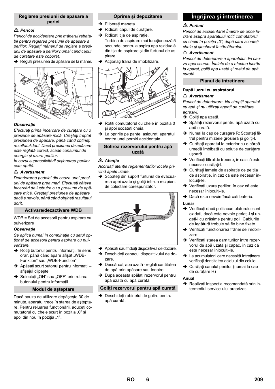 Îngrijirea şi întreţinerea | Karcher B 80 W Bp Pack User Manual | Page 209 / 260