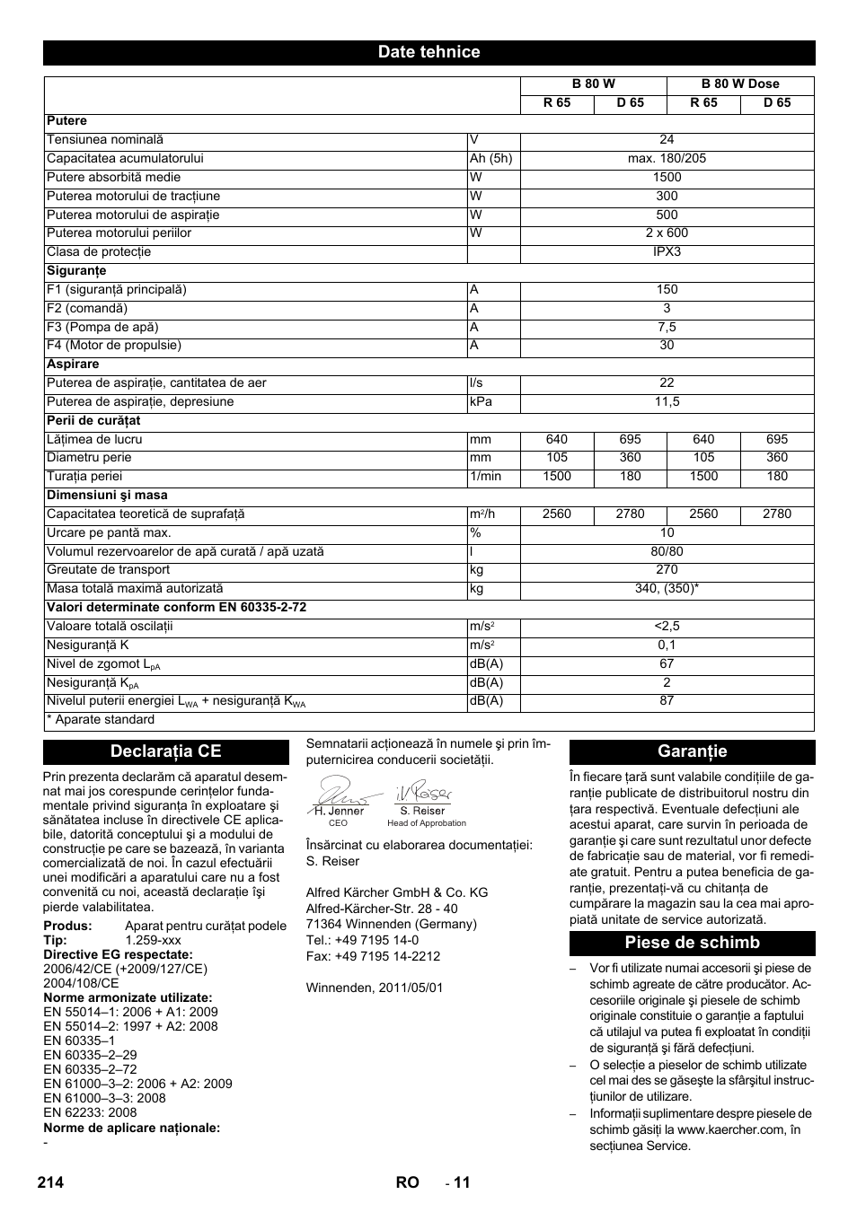 Date tehnice, Declaraţia ce, Garanţie piese de schimb | Karcher B 80 W Bp Pack User Manual | Page 214 / 260