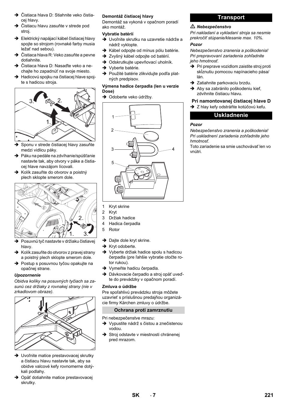 Transport, Uskladnenie | Karcher B 80 W Bp Pack User Manual | Page 221 / 260