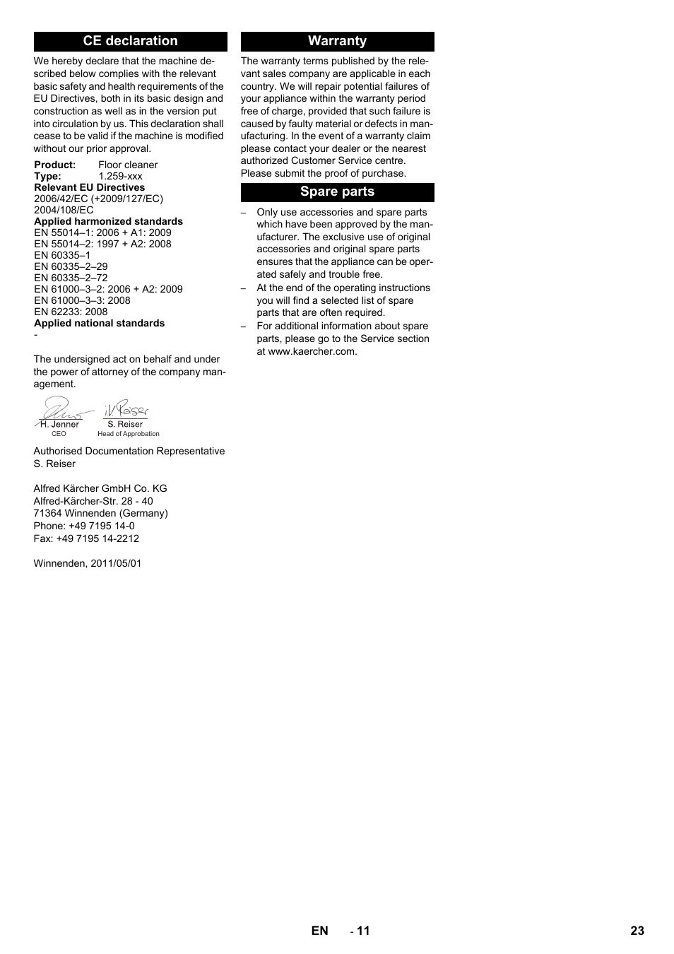 Ce declaration, Warranty spare parts | Karcher B 80 W Bp Pack User Manual | Page 23 / 260