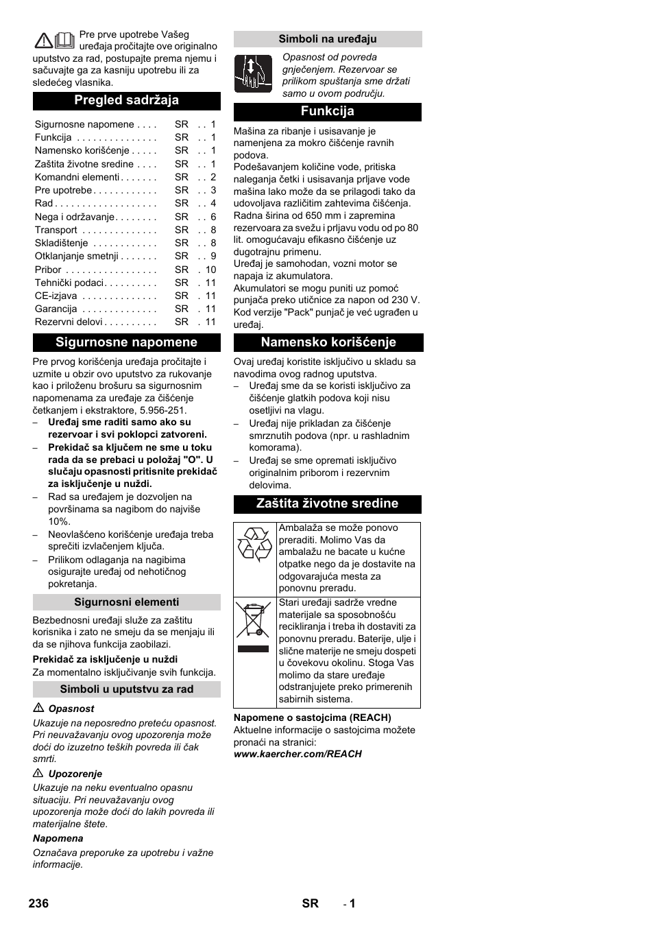 Srpski, Pregled sadržaja, Sigurnosne napomene | Karcher B 80 W Bp Pack User Manual | Page 236 / 260