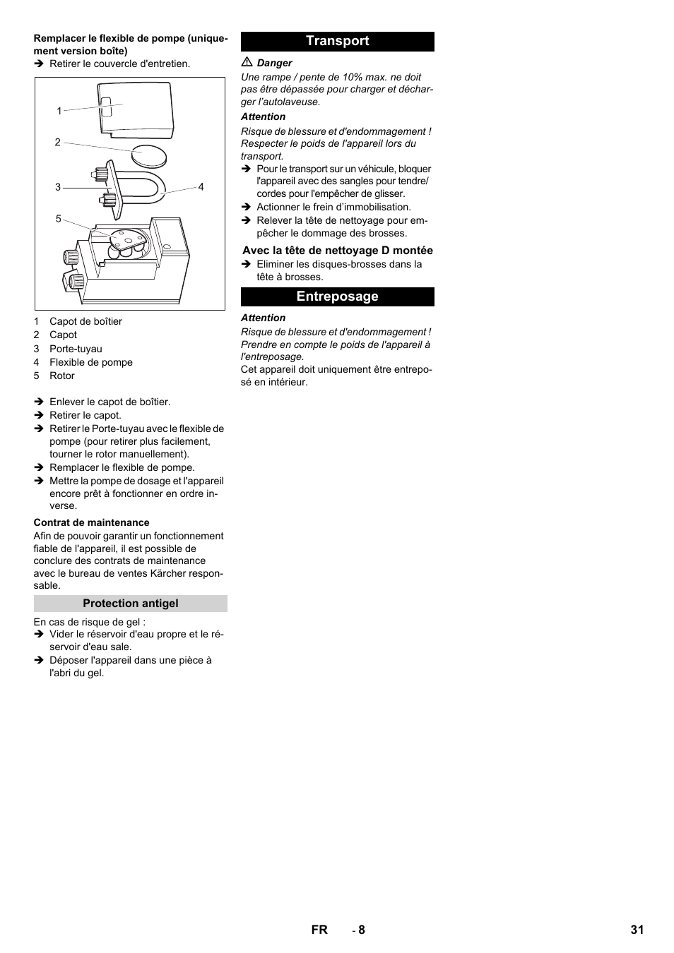 Transport, Entreposage | Karcher B 80 W Bp Pack User Manual | Page 31 / 260