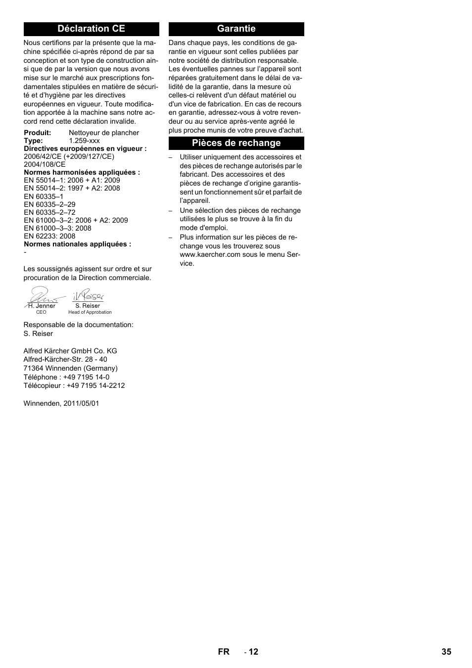 Déclaration ce, Garantie pièces de rechange | Karcher B 80 W Bp Pack User Manual | Page 35 / 260