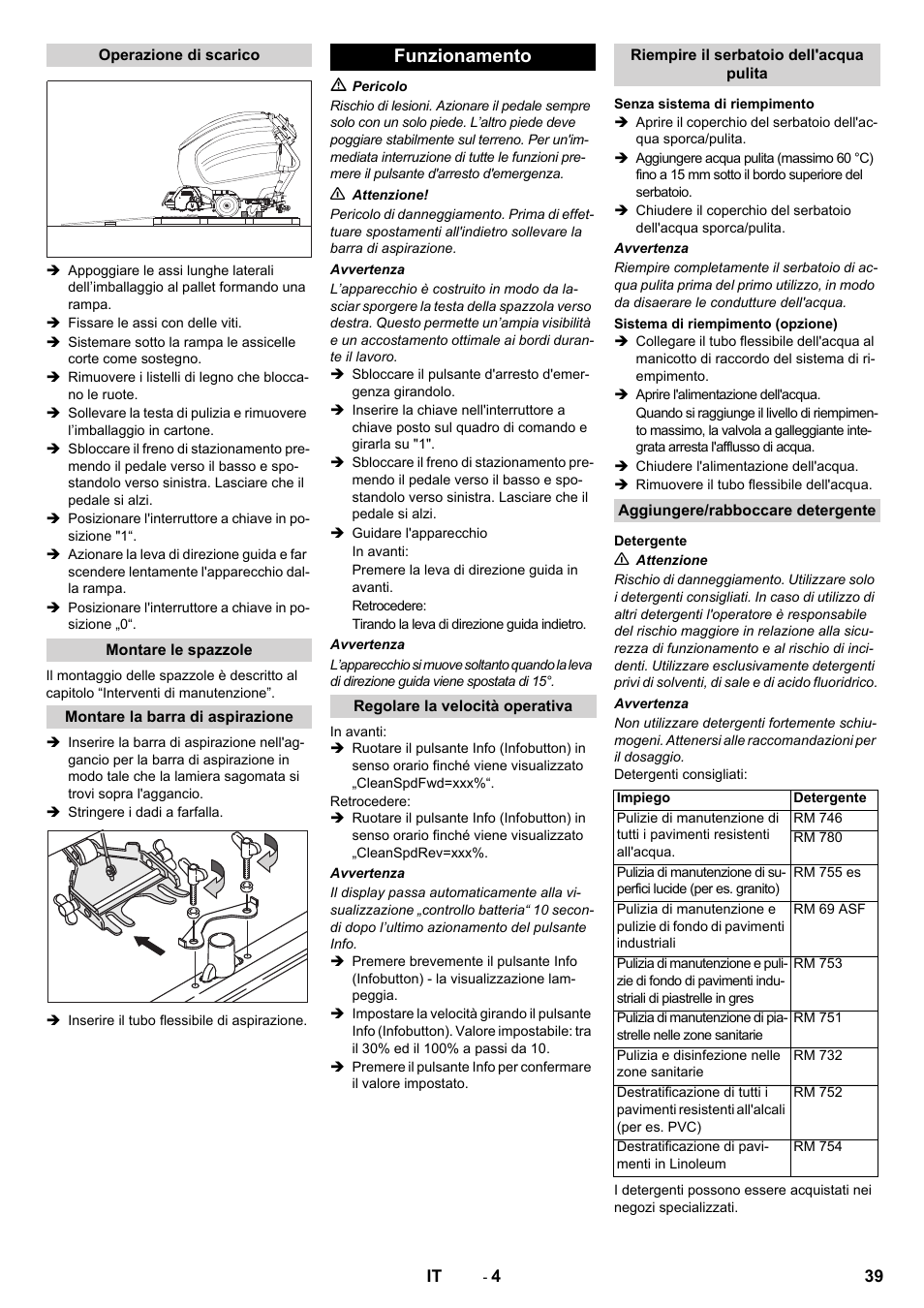 Funzionamento | Karcher B 80 W Bp Pack User Manual | Page 39 / 260