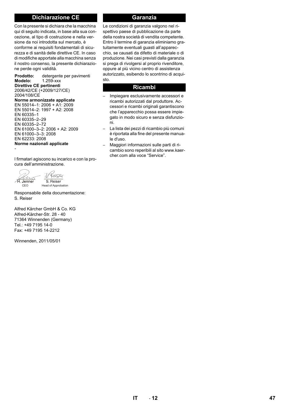 Dichiarazione ce, Garanzia ricambi | Karcher B 80 W Bp Pack User Manual | Page 47 / 260