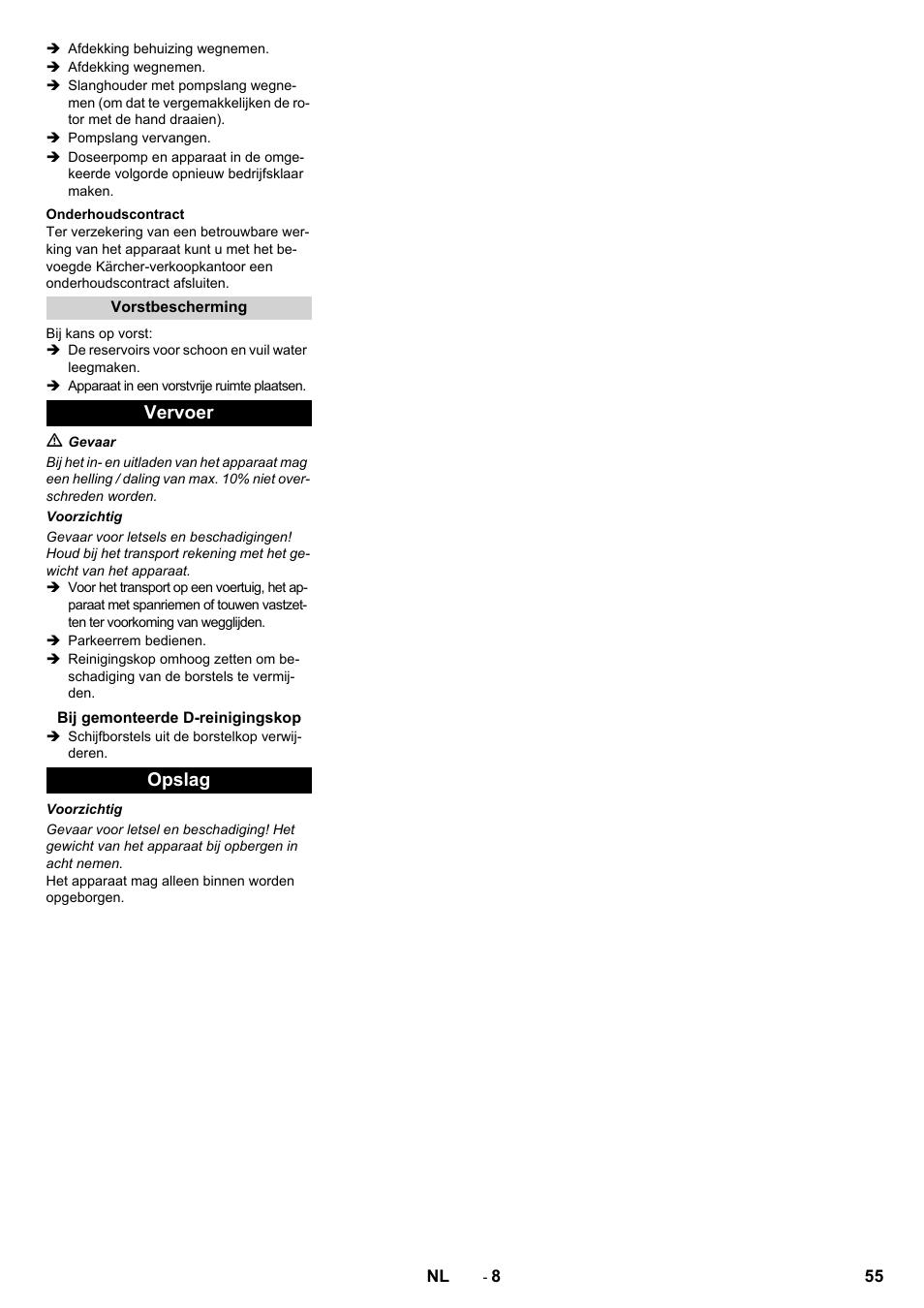 Vervoer, Opslag | Karcher B 80 W Bp Pack User Manual | Page 55 / 260