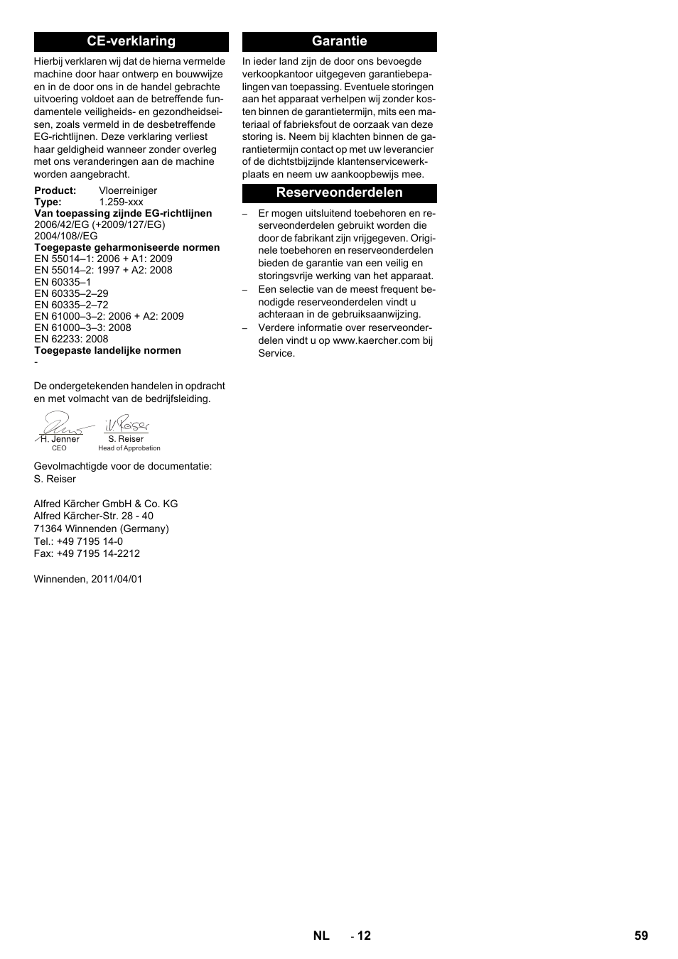 Ce-verklaring, Garantie reserveonderdelen | Karcher B 80 W Bp Pack User Manual | Page 59 / 260