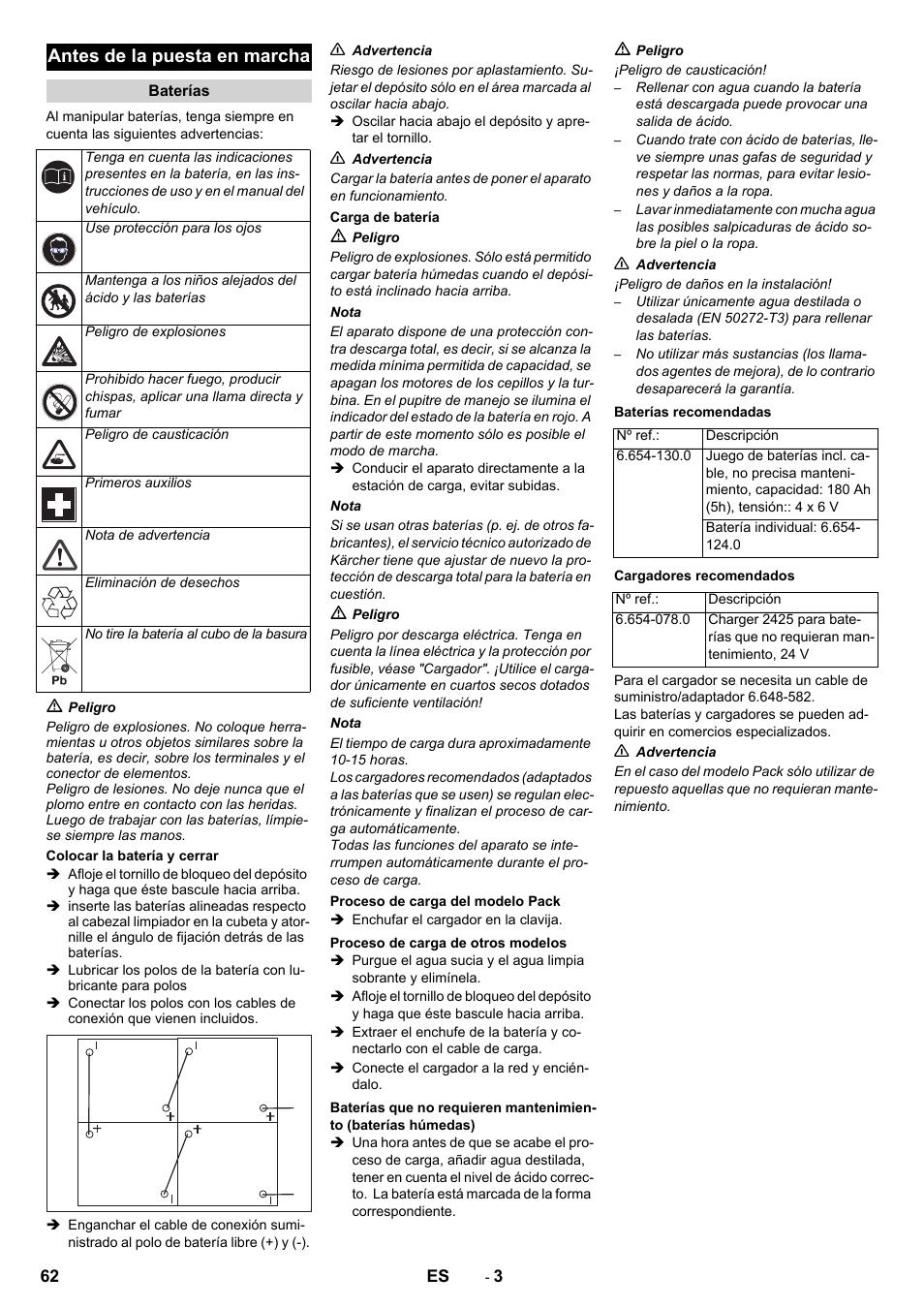 Antes de la puesta en marcha | Karcher B 80 W Bp Pack User Manual | Page 62 / 260