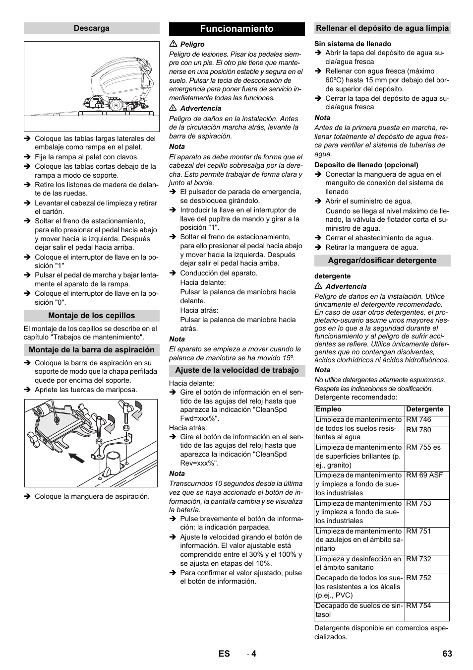 Funcionamiento | Karcher B 80 W Bp Pack User Manual | Page 63 / 260