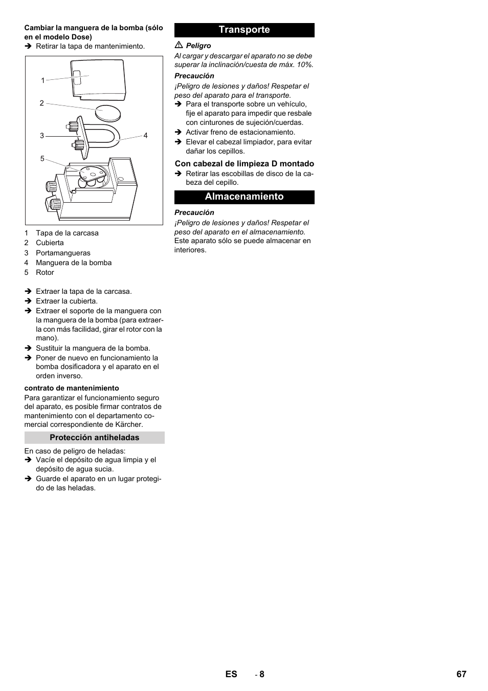 Transporte, Almacenamiento | Karcher B 80 W Bp Pack User Manual | Page 67 / 260