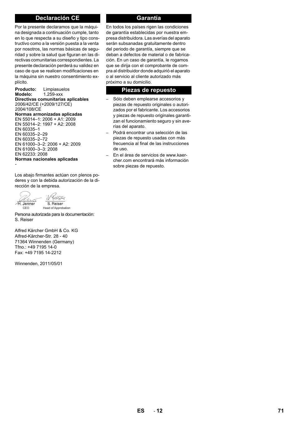 Declaración ce, Garantía piezas de repuesto | Karcher B 80 W Bp Pack User Manual | Page 71 / 260