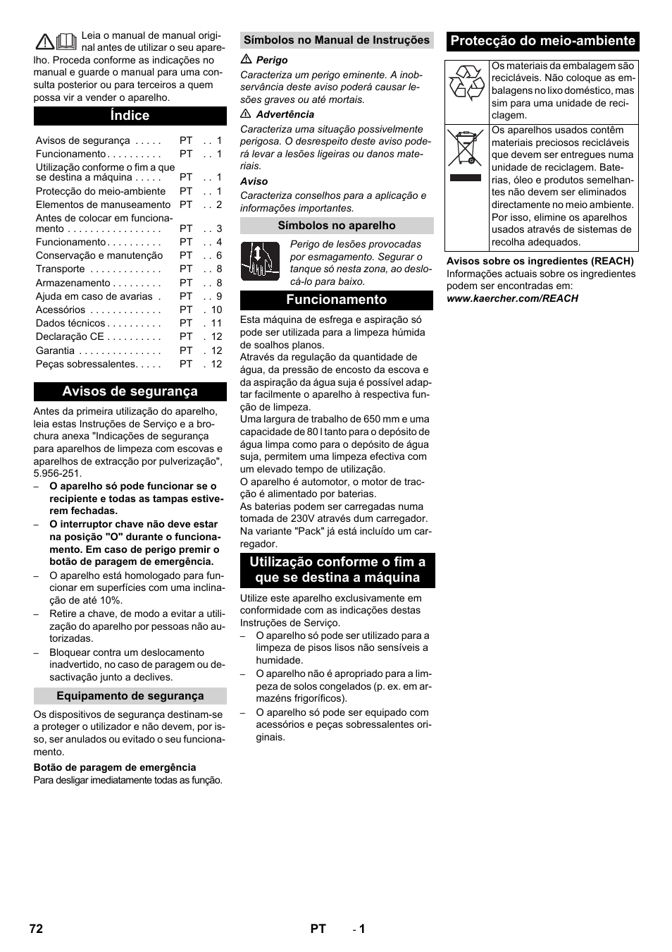 Português, Índice, Avisos de segurança | Karcher B 80 W Bp Pack User Manual | Page 72 / 260