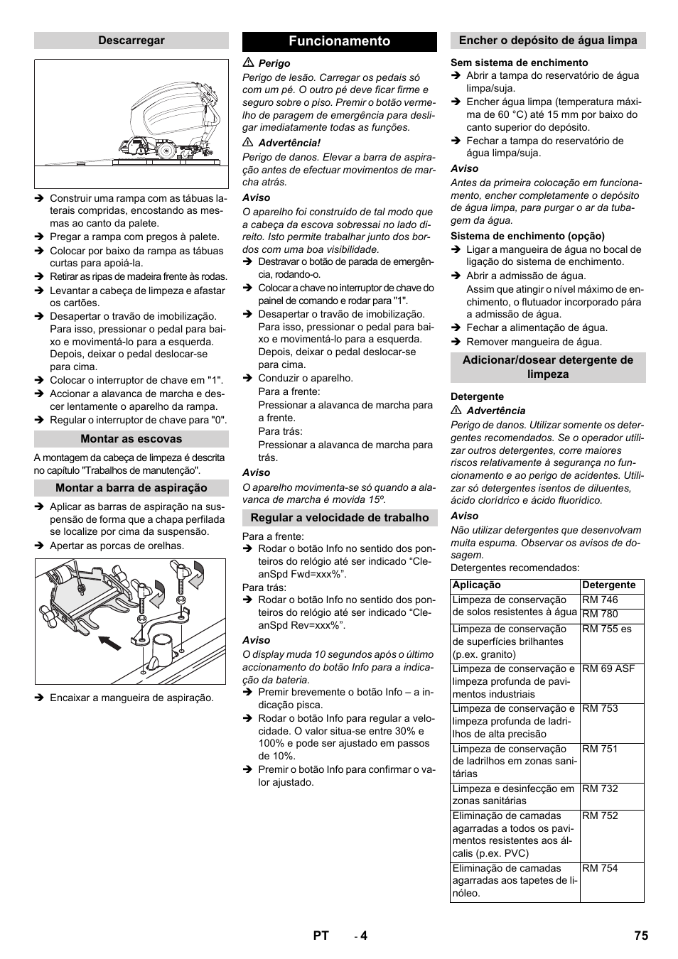 Funcionamento | Karcher B 80 W Bp Pack User Manual | Page 75 / 260