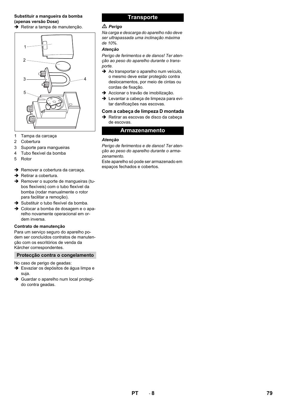 Transporte, Armazenamento | Karcher B 80 W Bp Pack User Manual | Page 79 / 260