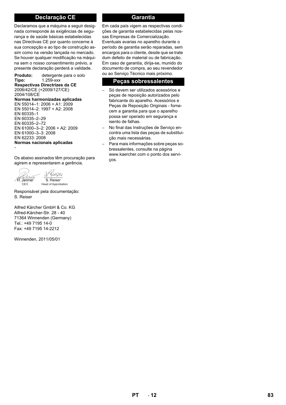 Declaração ce, Garantia peças sobressalentes | Karcher B 80 W Bp Pack User Manual | Page 83 / 260