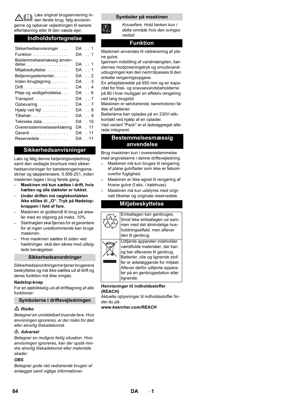 Dansk, Indholdsfortegnelse, Sikkerhedsanvisninger | Karcher B 80 W Bp Pack User Manual | Page 84 / 260