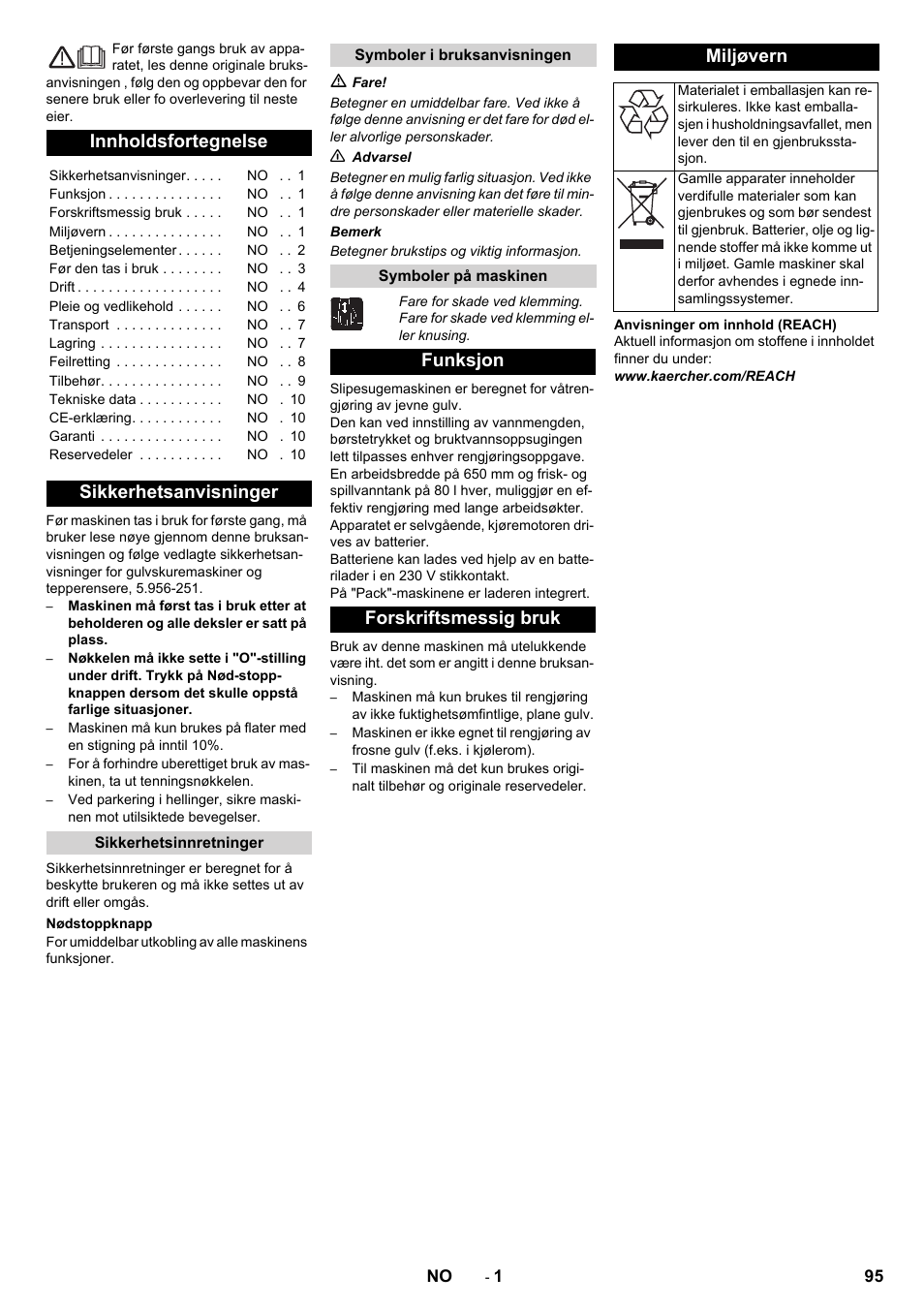 Norsk, Innholdsfortegnelse, Sikkerhetsanvisninger | Funksjon forskriftsmessig bruk miljøvern | Karcher B 80 W Bp Pack User Manual | Page 95 / 260