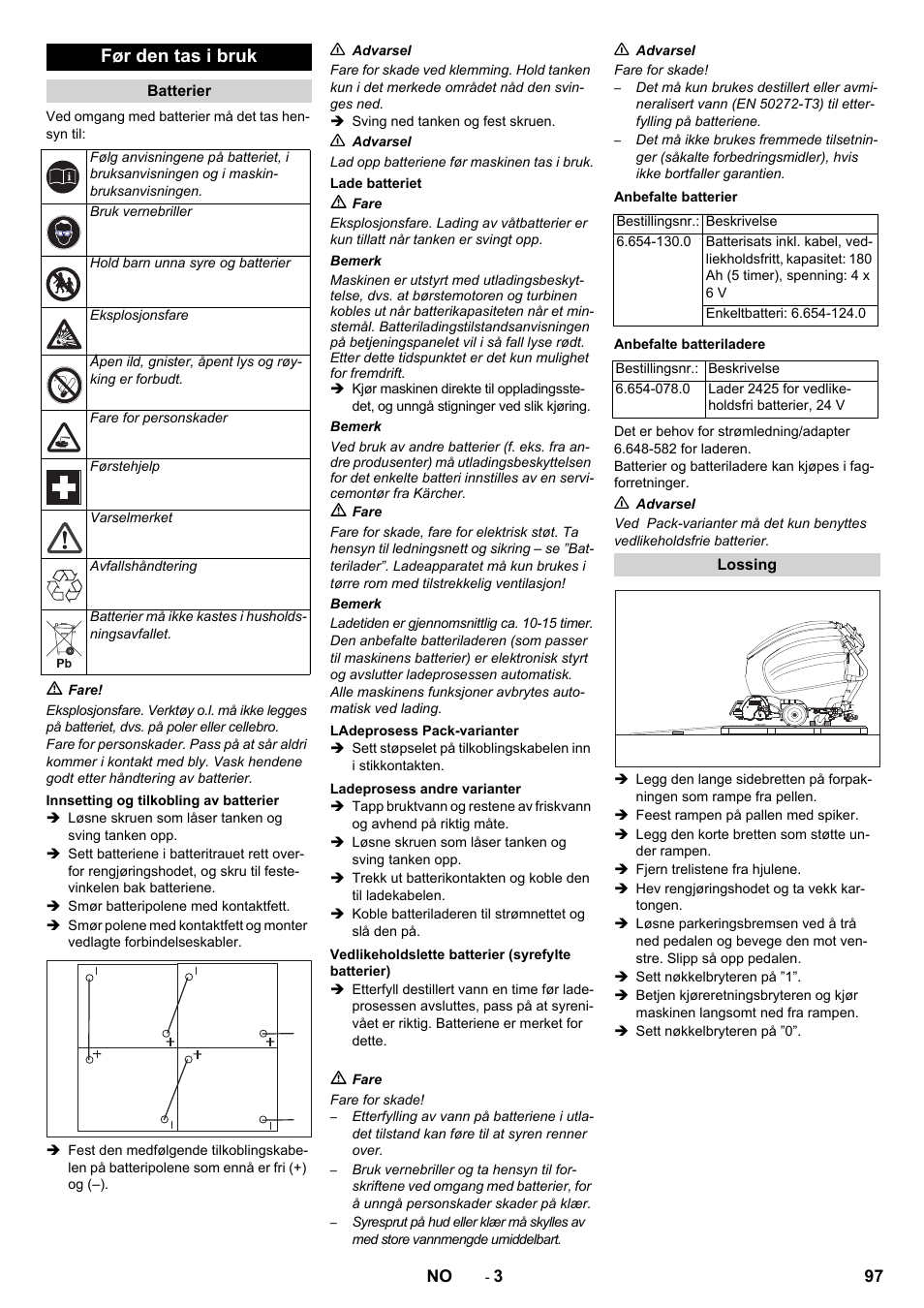 Før den tas i bruk | Karcher B 80 W Bp Pack User Manual | Page 97 / 260