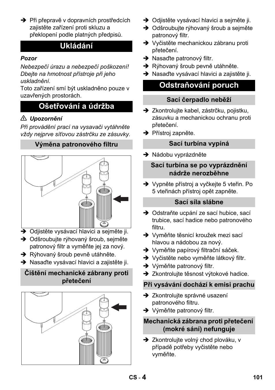 Ukládání ošetřování a údržba, Odstraňování poruch | Karcher Промышленный пылесос NT 802 IV User Manual | Page 101 / 176
