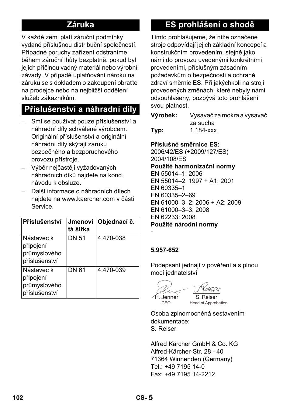 Záruka příslušenství a náhradní díly, Es prohlášení o shodě | Karcher Промышленный пылесос NT 802 IV User Manual | Page 102 / 176