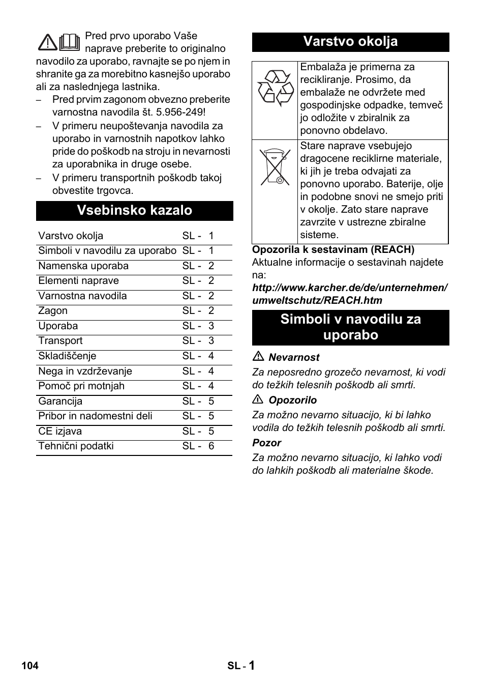 Vsebinsko kazalo, Varstvo okolja, Simboli v navodilu za uporabo | Karcher Промышленный пылесос NT 802 IV User Manual | Page 104 / 176