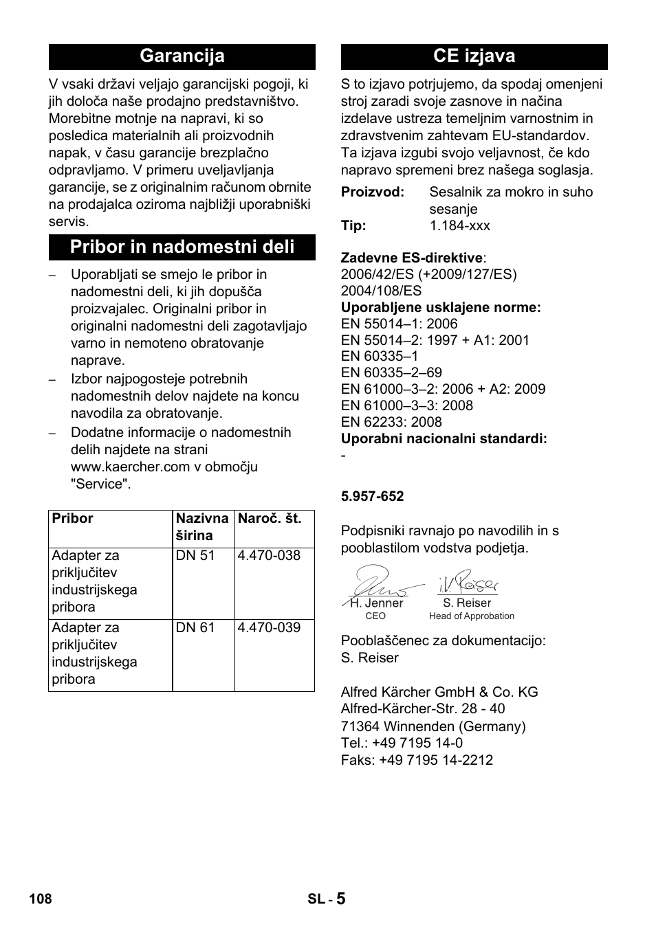Garancija pribor in nadomestni deli, Ce izjava | Karcher Промышленный пылесос NT 802 IV User Manual | Page 108 / 176
