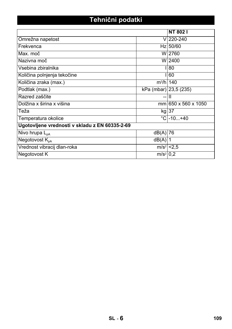 Tehnični podatki | Karcher Промышленный пылесос NT 802 IV User Manual | Page 109 / 176