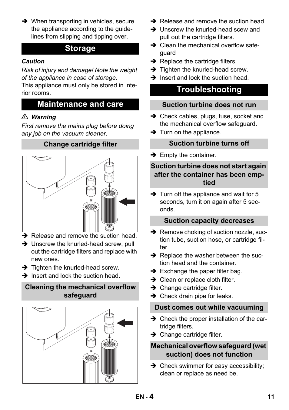 Storage maintenance and care, Troubleshooting | Karcher Промышленный пылесос NT 802 IV User Manual | Page 11 / 176