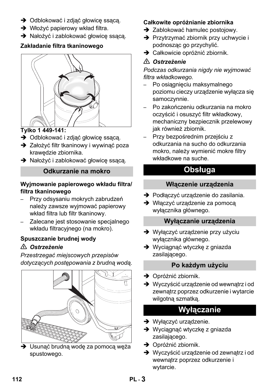 Obsługa, Wyłączanie | Karcher Промышленный пылесос NT 802 IV User Manual | Page 112 / 176