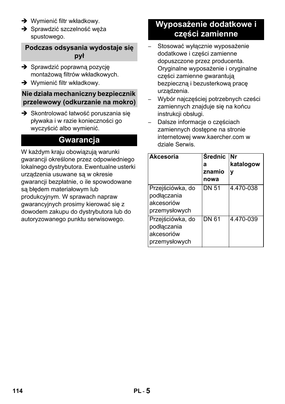 Gwarancja wyposażenie dodatkowe i części zamienne | Karcher Промышленный пылесос NT 802 IV User Manual | Page 114 / 176