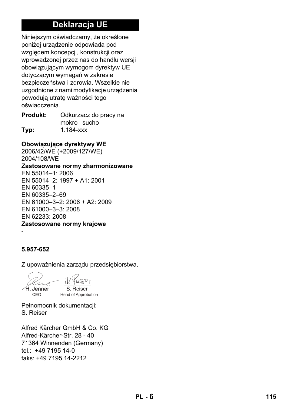 Deklaracja ue | Karcher Промышленный пылесос NT 802 IV User Manual | Page 115 / 176