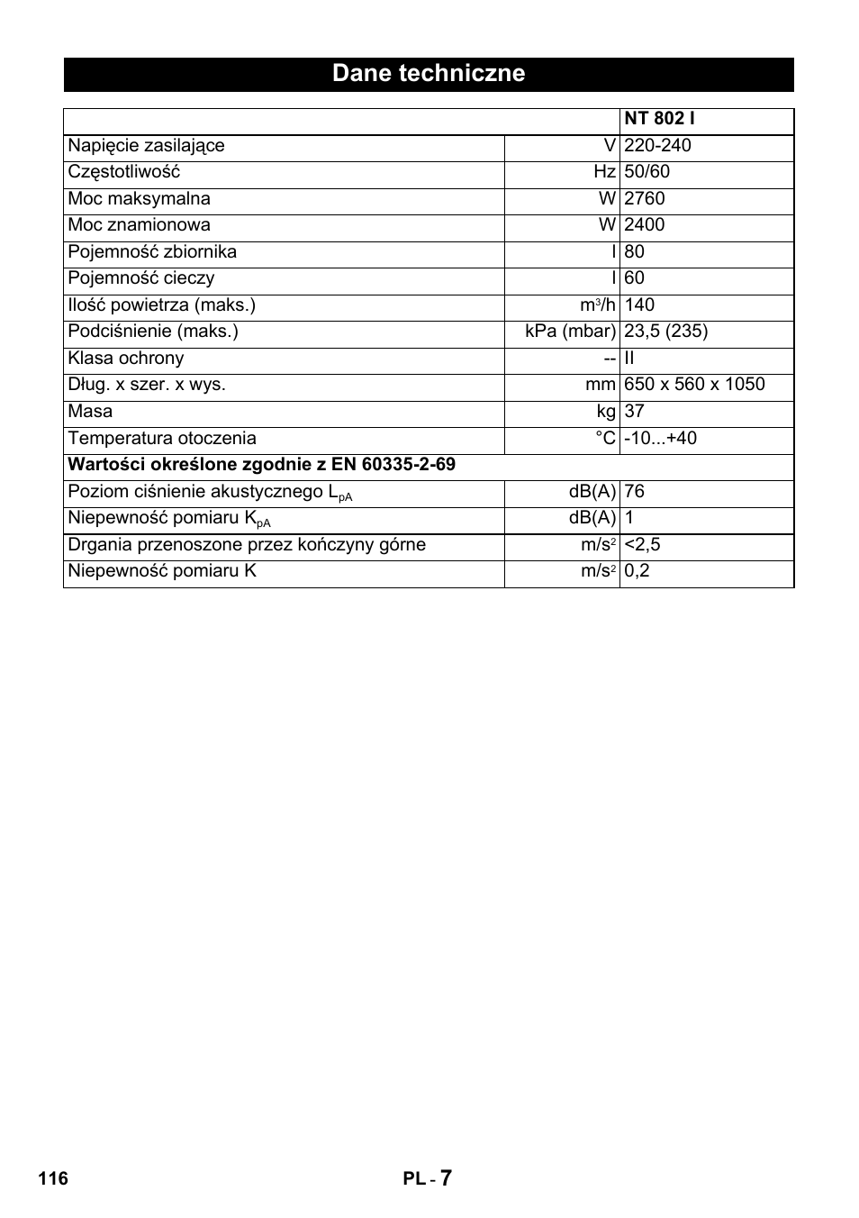 Dane techniczne | Karcher Промышленный пылесос NT 802 IV User Manual | Page 116 / 176