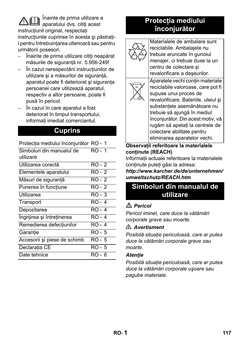 Cuprins, Protecţia mediului înconjurător, Simboluri din manualul de utilizare | Karcher Промышленный пылесос NT 802 IV User Manual | Page 117 / 176