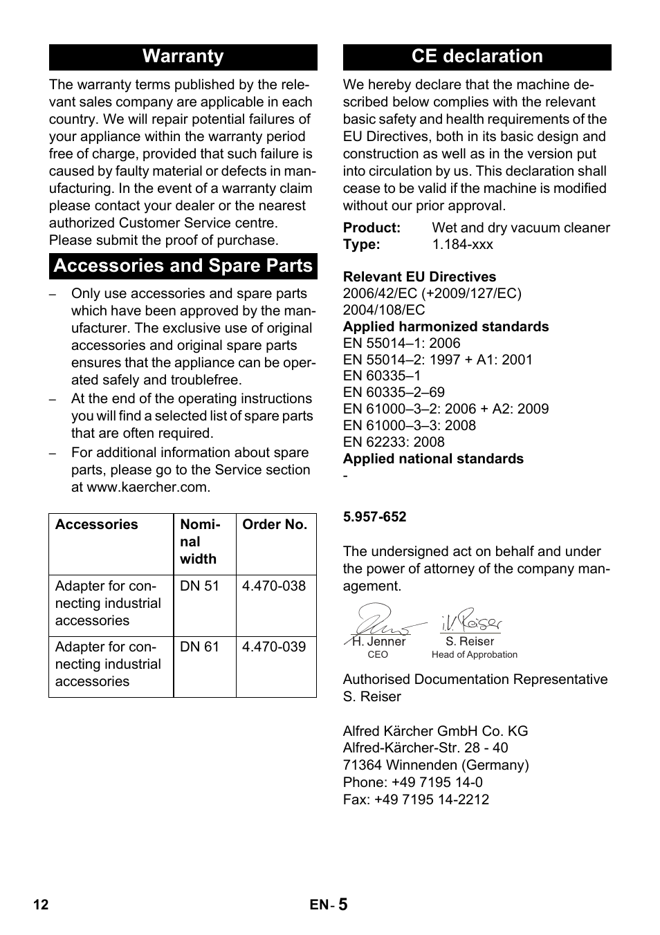 Warranty accessories and spare parts, Ce declaration | Karcher Промышленный пылесос NT 802 IV User Manual | Page 12 / 176