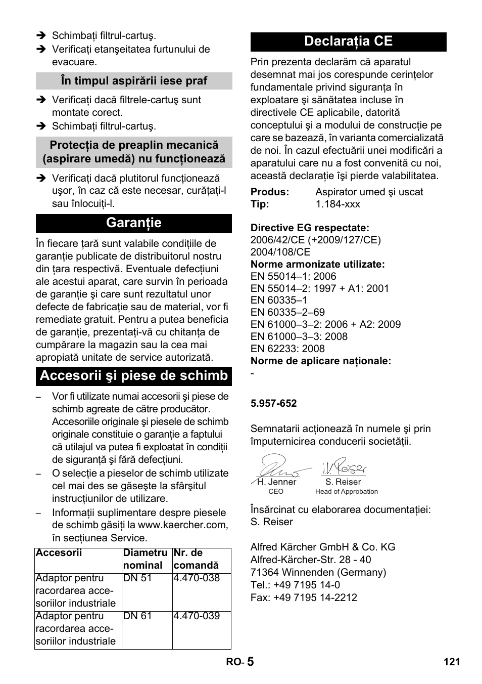 Garanţie accesorii şi piese de schimb, Declaraţia ce | Karcher Промышленный пылесос NT 802 IV User Manual | Page 121 / 176